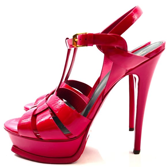 YSL Yves Saint Laurent Tribute Fuschia Pink Patent Sandals Euro 40 Authe…